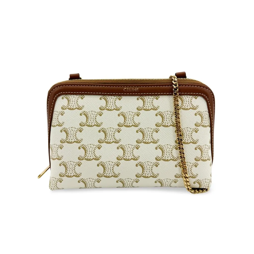 Celine Trionp Canvas White Mini Pouch on Chain Brown Canvas Very good - Front View