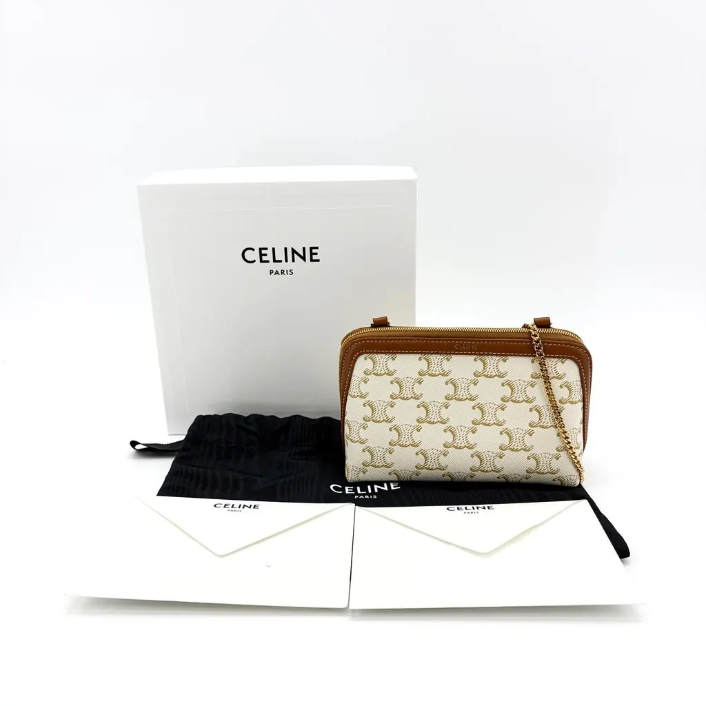 Celine Trionp Canvas White Mini Pouch on Chain Brown Canvas Very good - Back View