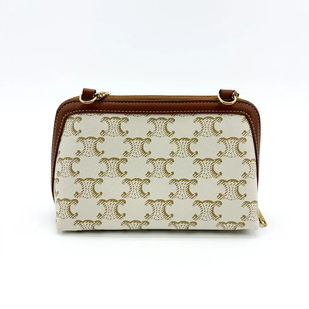 Celine Trionp Canvas White Mini Pouch on Chain Brown Canvas Very good - Inside View