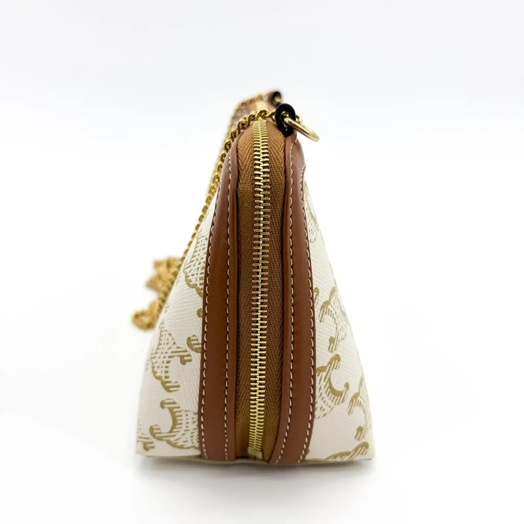 Celine Trionp Canvas White Mini Pouch on Chain Brown Canvas Very good - Model View