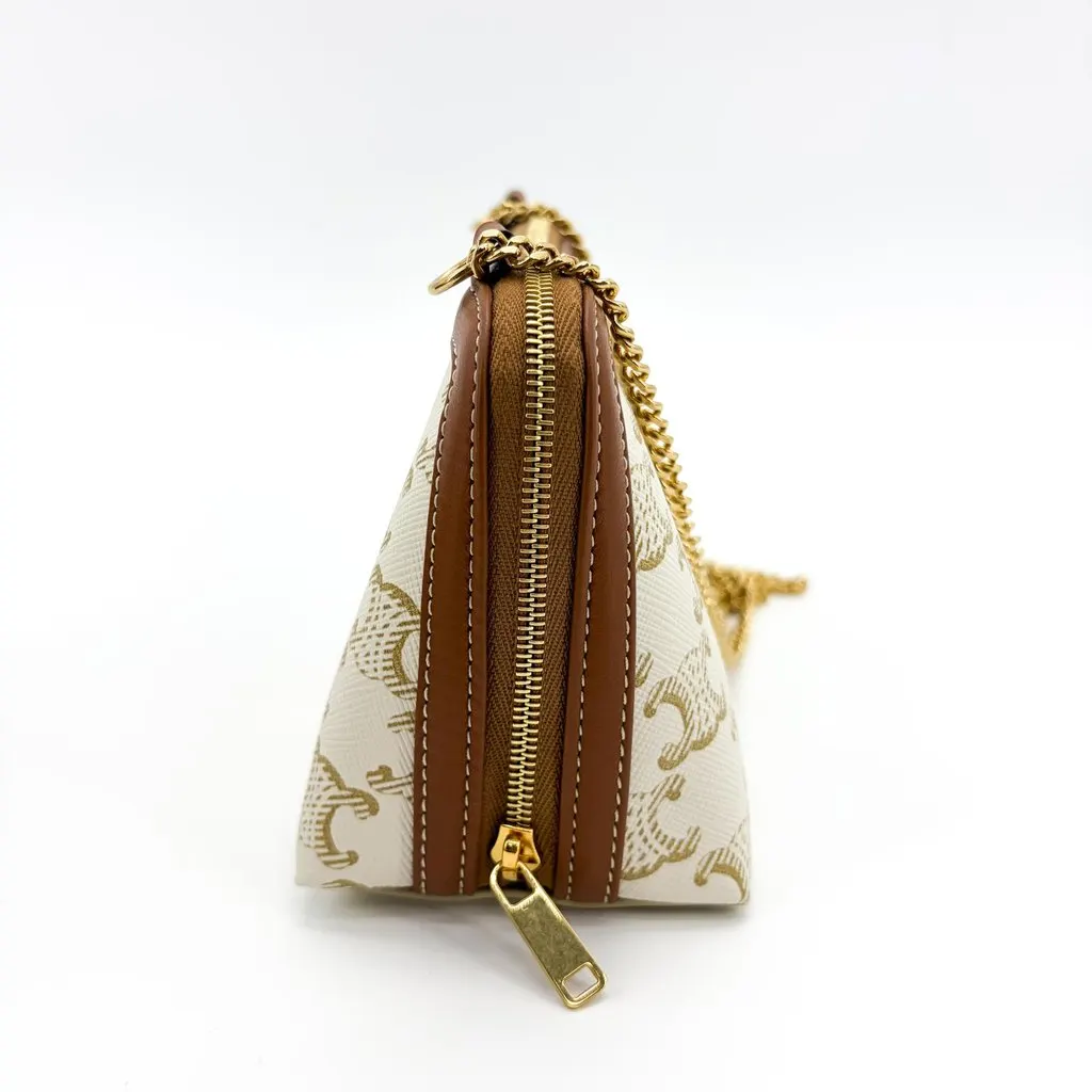 Celine Trionp Canvas White Mini Pouch on Chain Brown Canvas Very good - Box View
