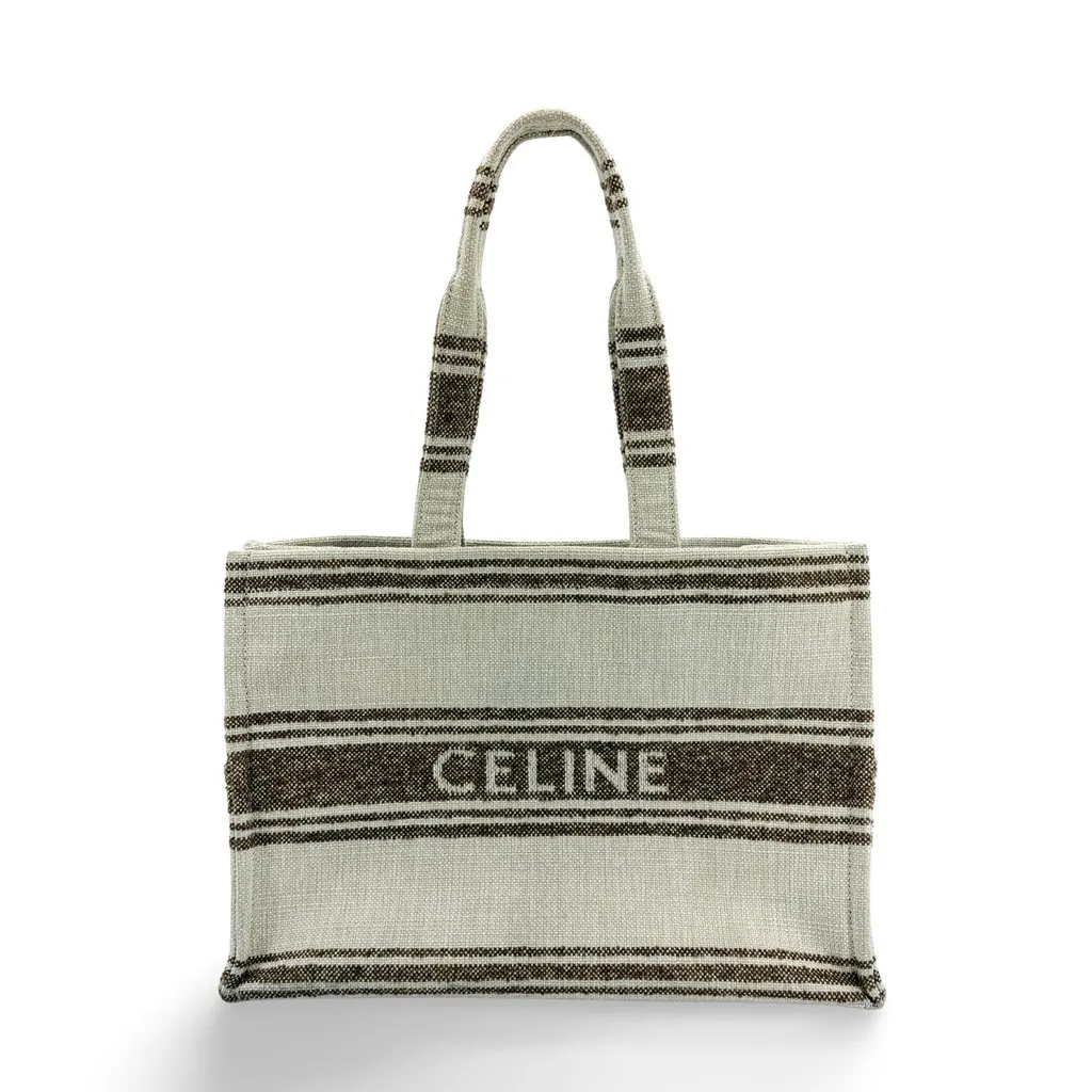 Celine Horizontal Cabas Textile Stripe Ecru Brown Beige Leather Good - Front View