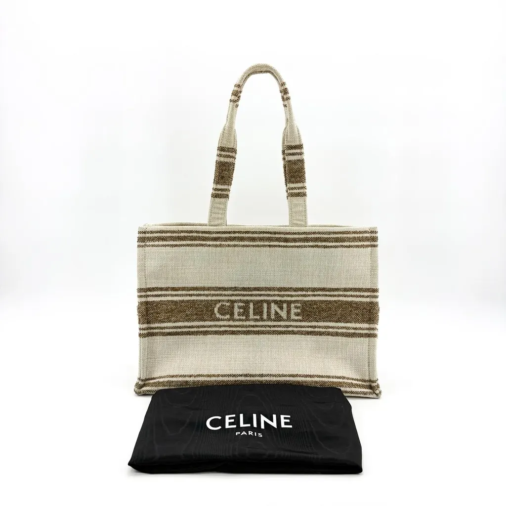 Celine Horizontal Cabas Textile Stripe Ecru Brown Beige Leather Good - Back View
