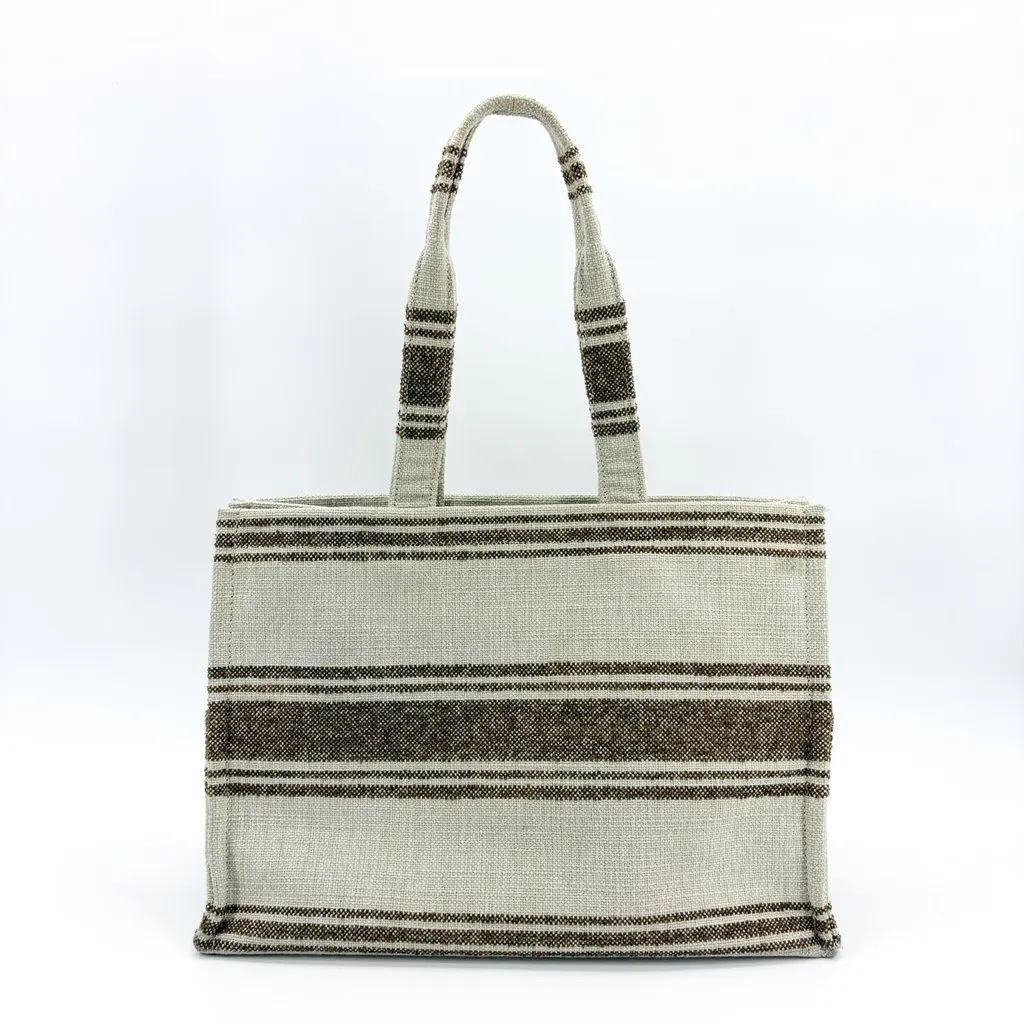 Celine Horizontal Cabas Textile Stripe Ecru Brown Beige Leather Good - Inside View