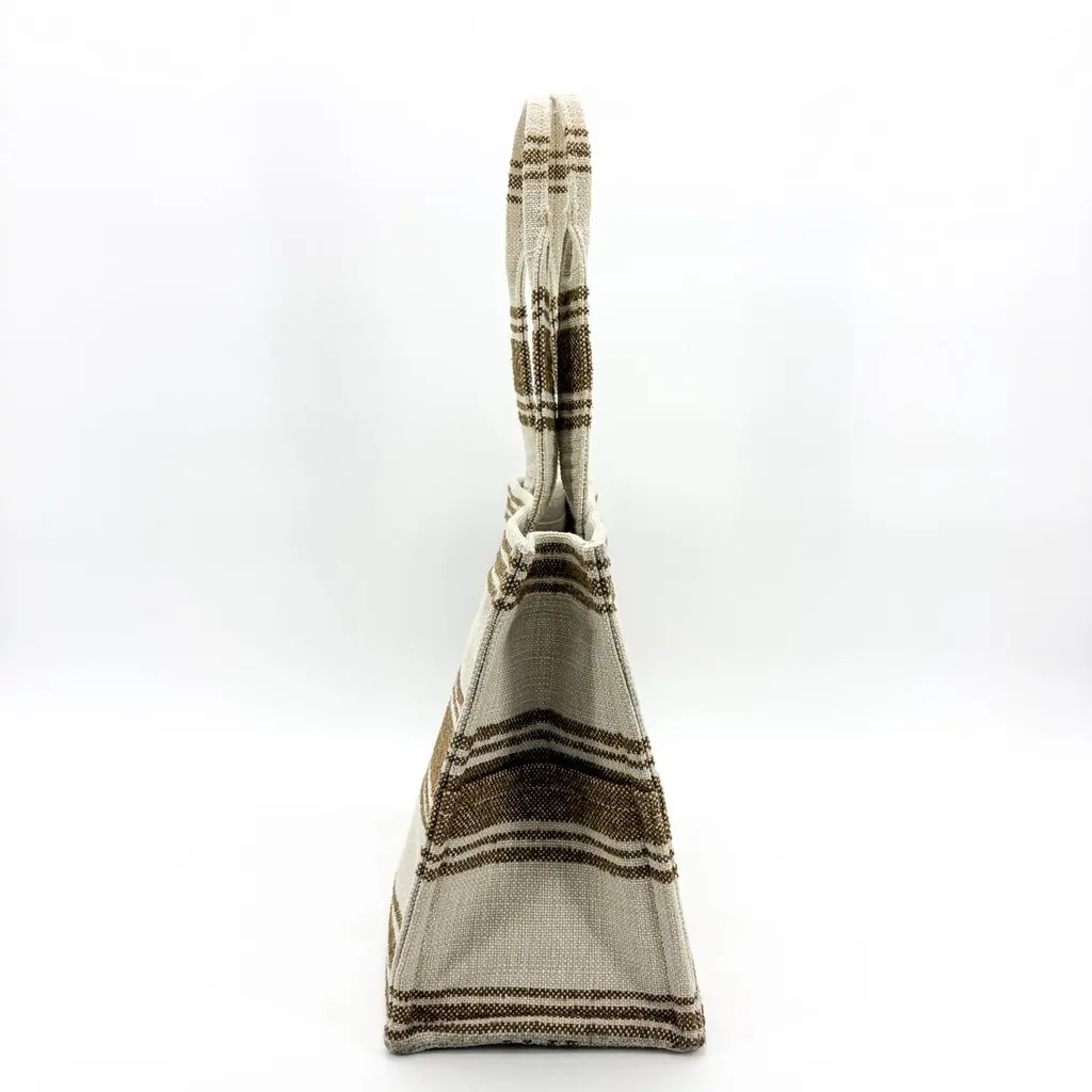 Celine Horizontal Cabas Textile Stripe Ecru Brown Beige Leather Good - Box View