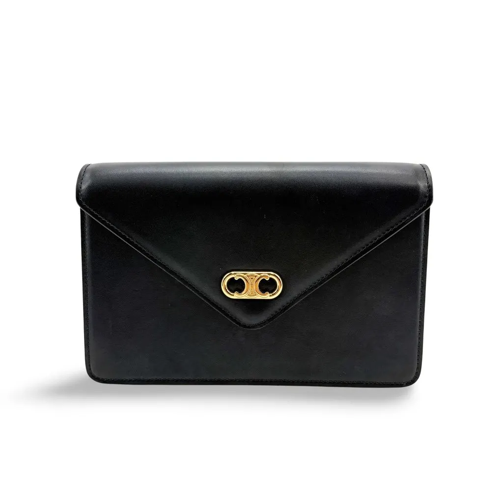 Celine Vintage Triomphe Leather Envelope Clutch Black Black Leather Very good - Front View