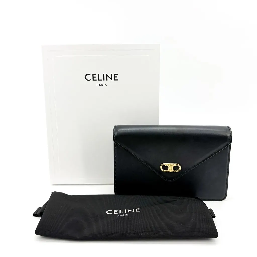 Celine Vintage Triomphe Leather Envelope Clutch Black Black Leather Very good - Back View