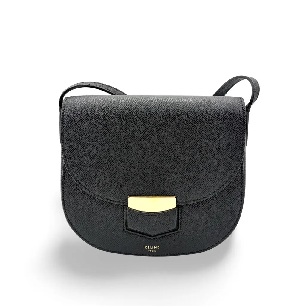 Celine Small Trotter Shoulder Bag Black Black Leather Good - Front View