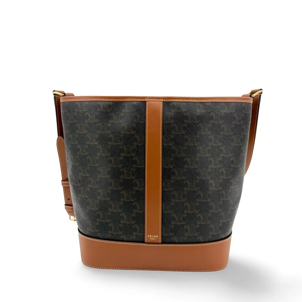 Celine Triomphe Canvas Medium Bucket Bag Tan Black Canvas Very good - Front View