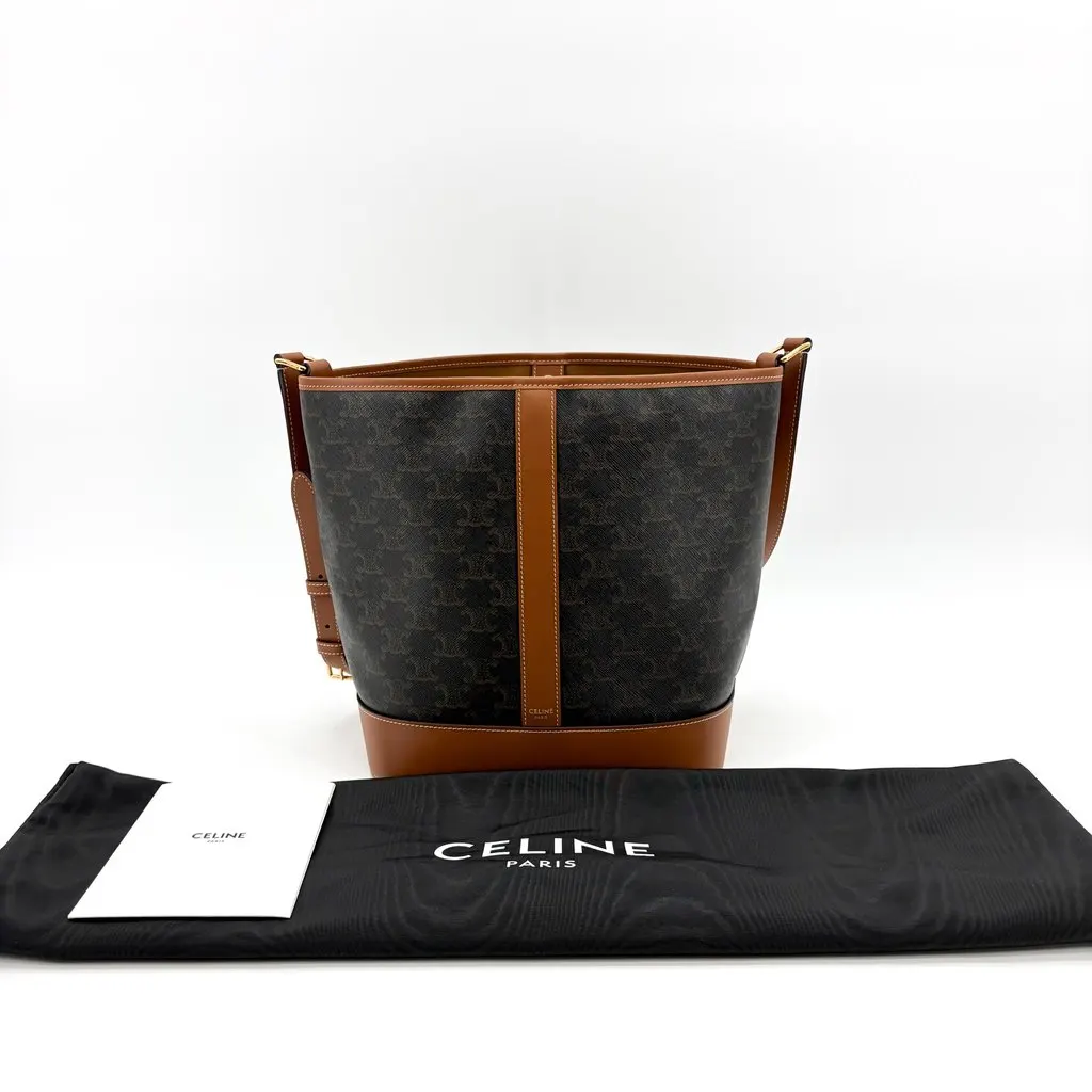 Celine Triomphe Canvas Medium Bucket Bag Tan Black Canvas Very good - Back View