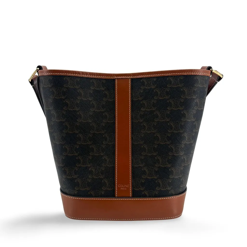 Celine Trionf Canvas & Calfskin Small Bucket Bag Tan Black Canvas Very good - Front View