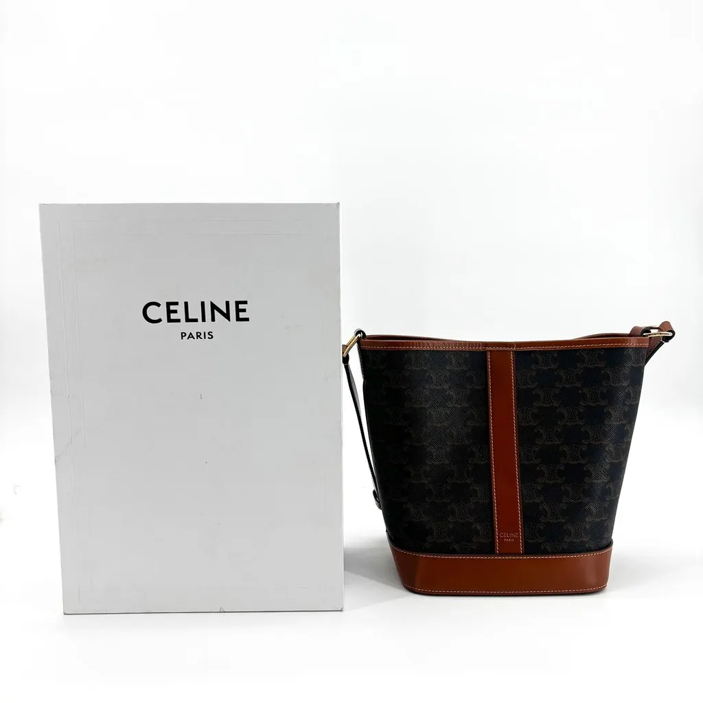 Celine Trionf Canvas & Calfskin Small Bucket Bag Tan Black Canvas Very good - Back View