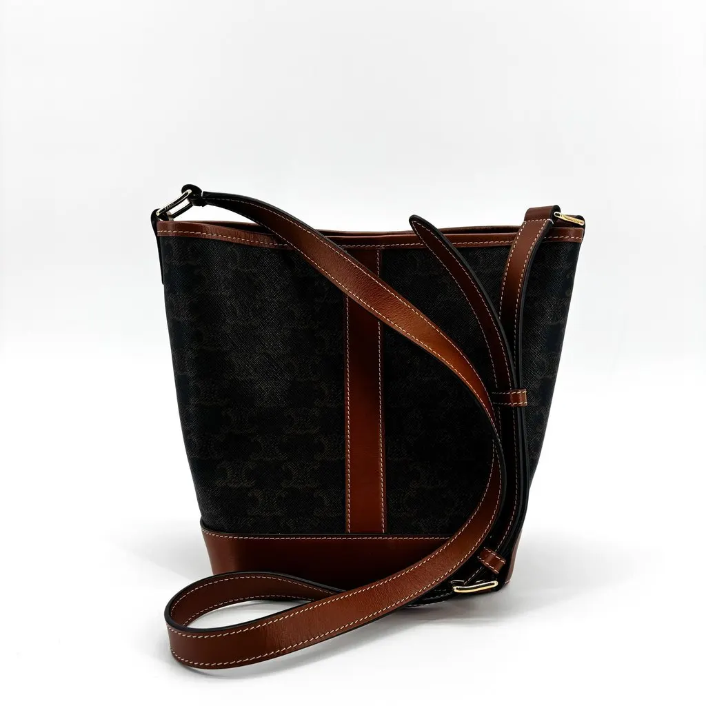 Celine Trionf Canvas & Calfskin Small Bucket Bag Tan Black Canvas Very good - Inside View