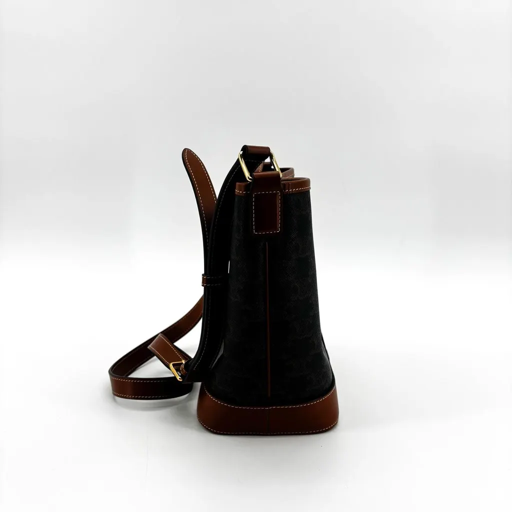 Celine Trionf Canvas & Calfskin Small Bucket Bag Tan Black Canvas Very good - Model View