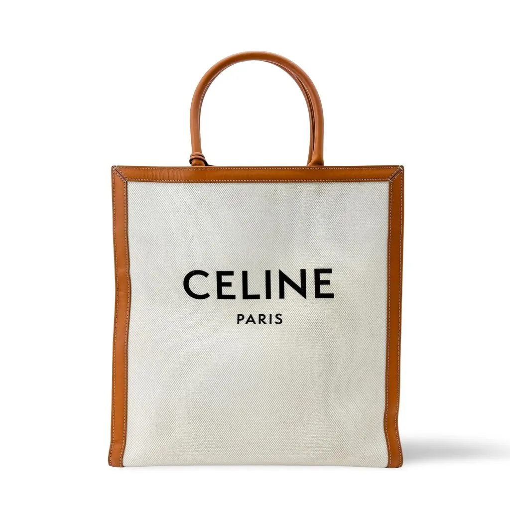Celine Small Vertical Cabas in Canvas and Calfskin Natural Tan Brown Canvas Good - Front View