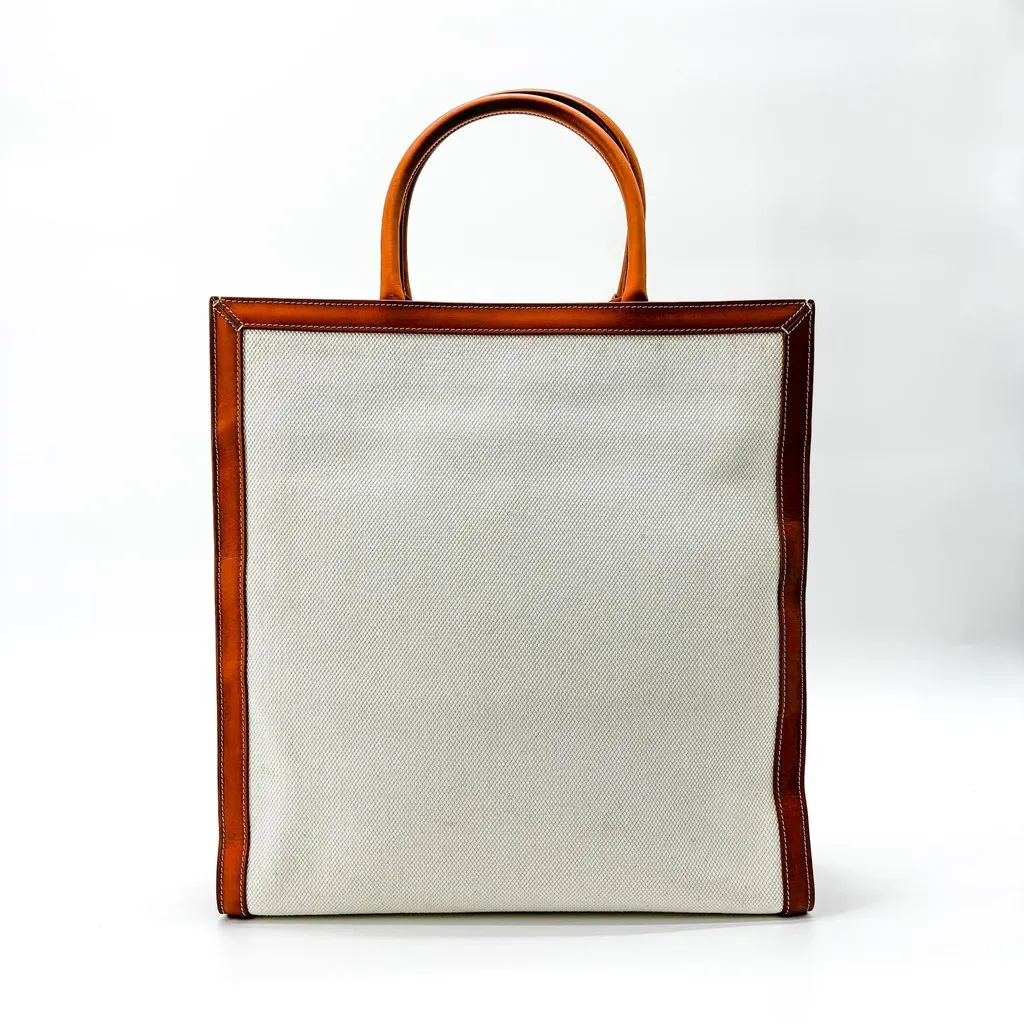 Celine Small Vertical Cabas in Canvas and Calfskin Natural Tan Brown Canvas Good - Back View