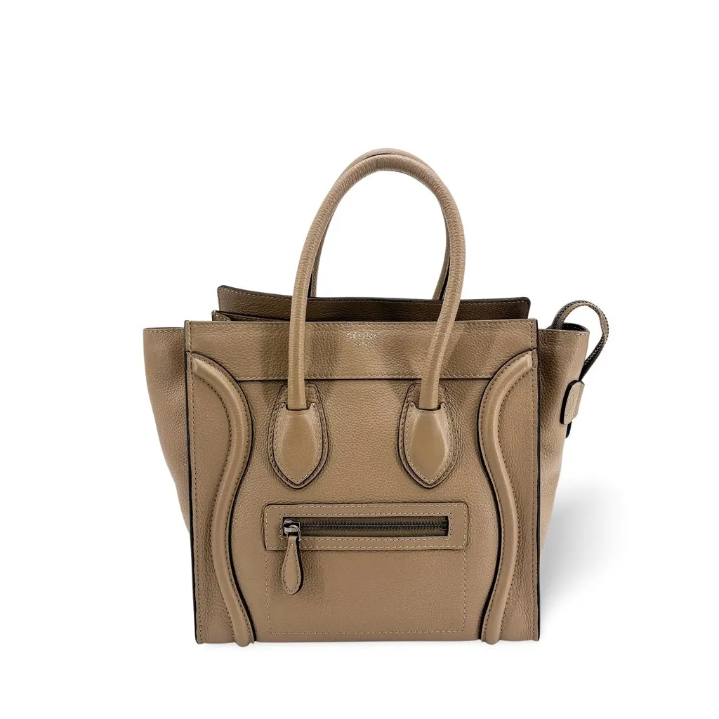 Celine Micro Luggage Bag in Drummed Calfskin Dune Beige Leather Very good - Front View