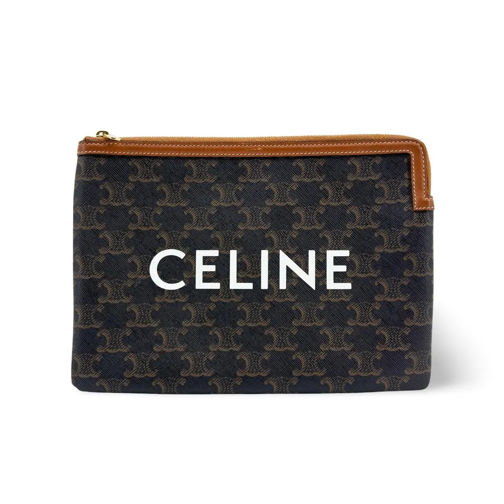 Celine Triomphe Canvas Large Toiletry Pouch Tan Black Canvas Very good - Front View