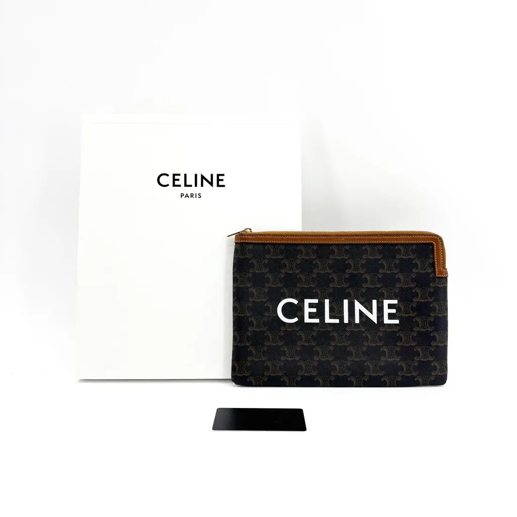 Celine Triomphe Canvas Large Toiletry Pouch Tan Black Canvas Very good - Back View