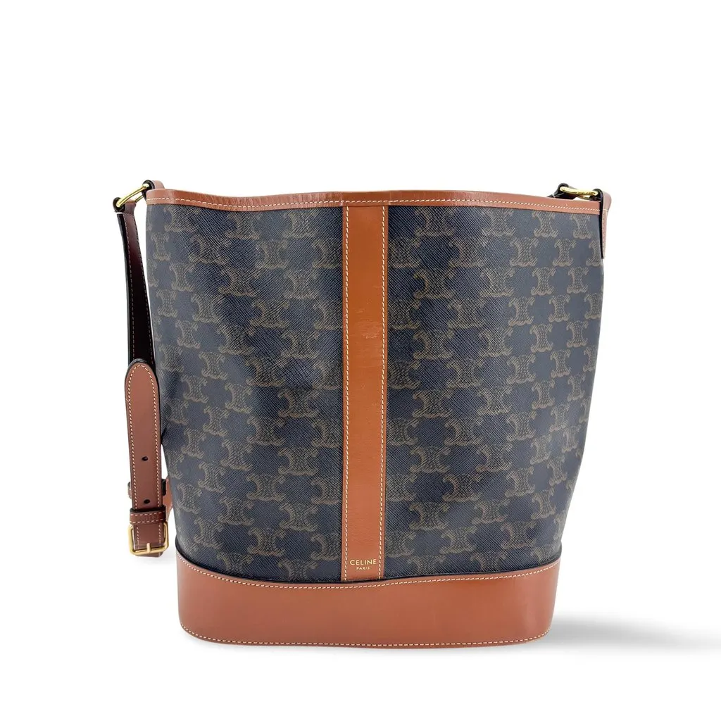 Celine Triomphe Canvas Medium Bucket Bag Tan Black Canvas Good - Front View