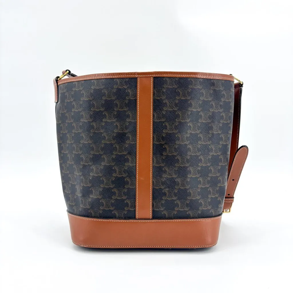 Celine Triomphe Canvas Medium Bucket Bag Tan Black Canvas Good - Back View