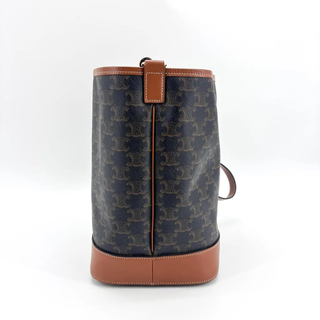 Celine Triomphe Canvas Medium Bucket Bag Tan Black Canvas Good - Model View