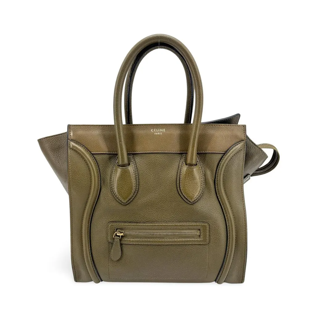 Celine Drummed Calfskin Micro Luggage Bag Khaki Khaki Leather Good - Front View