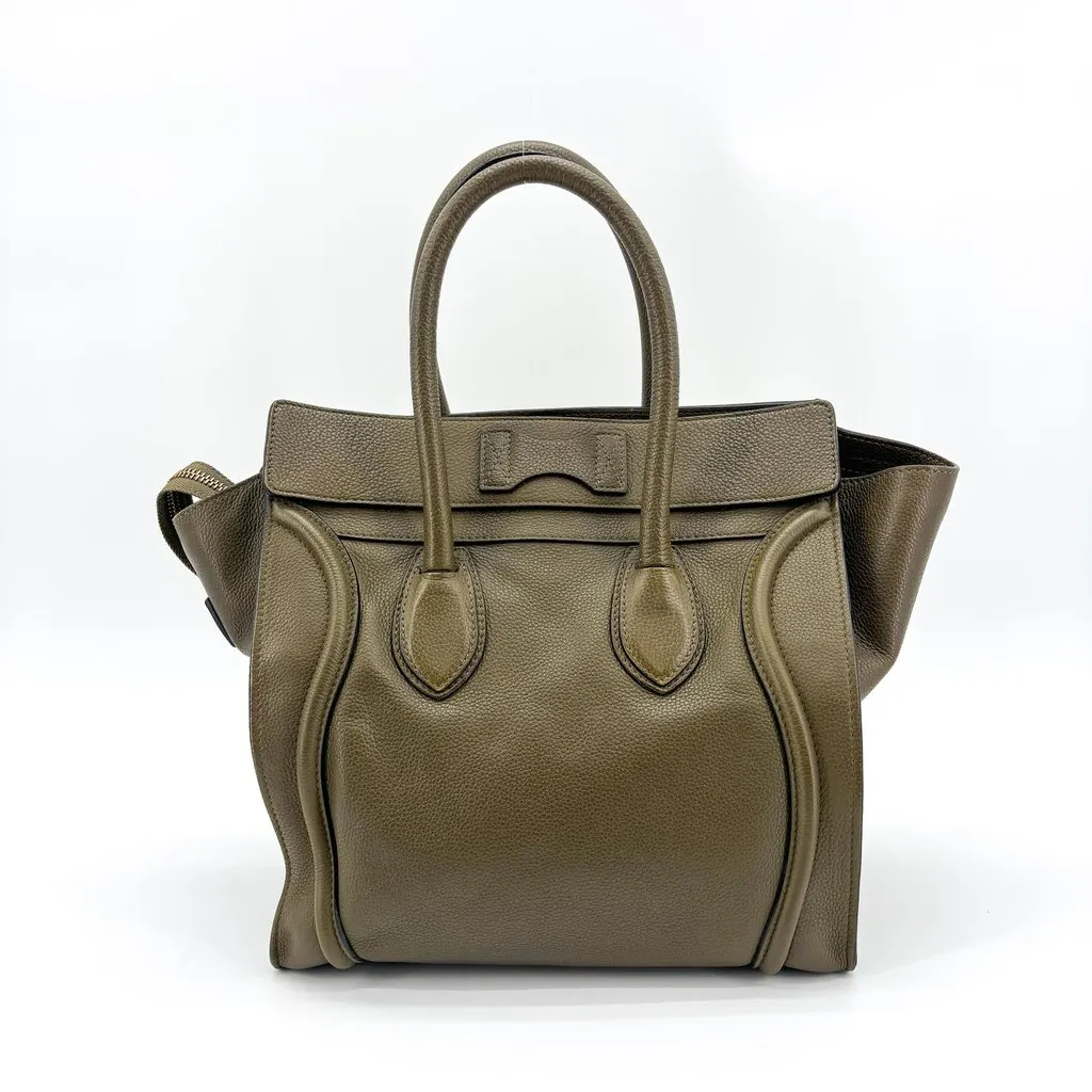 Celine Drummed Calfskin Micro Luggage Bag Khaki Khaki Leather Good - Back View