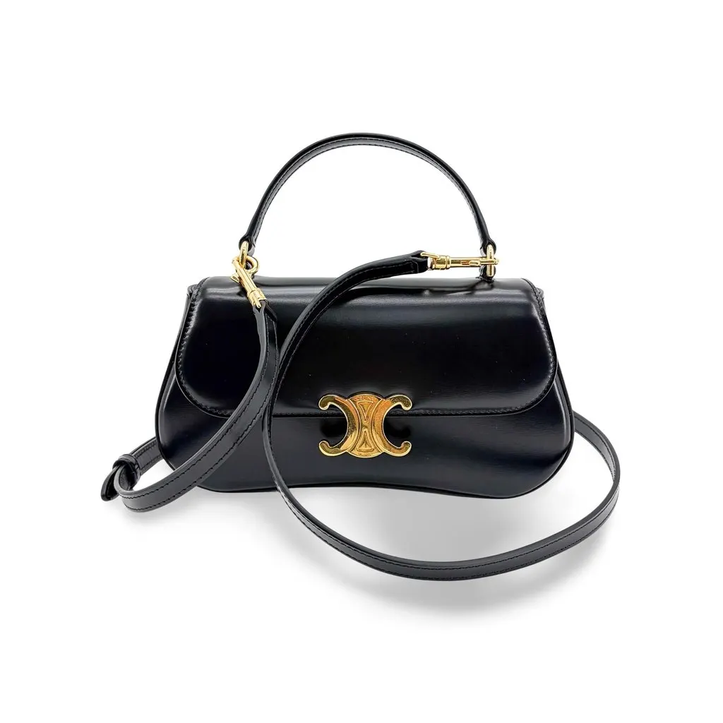 Celine Shiny Calfskin Top Handle Claude Bag Black Black Leather Very good - Front View