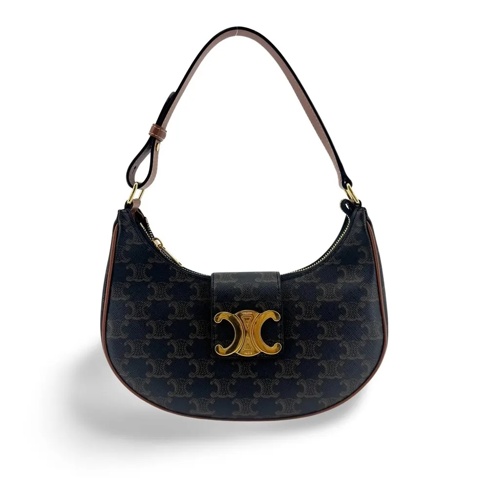 Celine Ava Triomphe Bag in Triomphe Canvas and Calfskin Tan Black Canvas Good - Front View