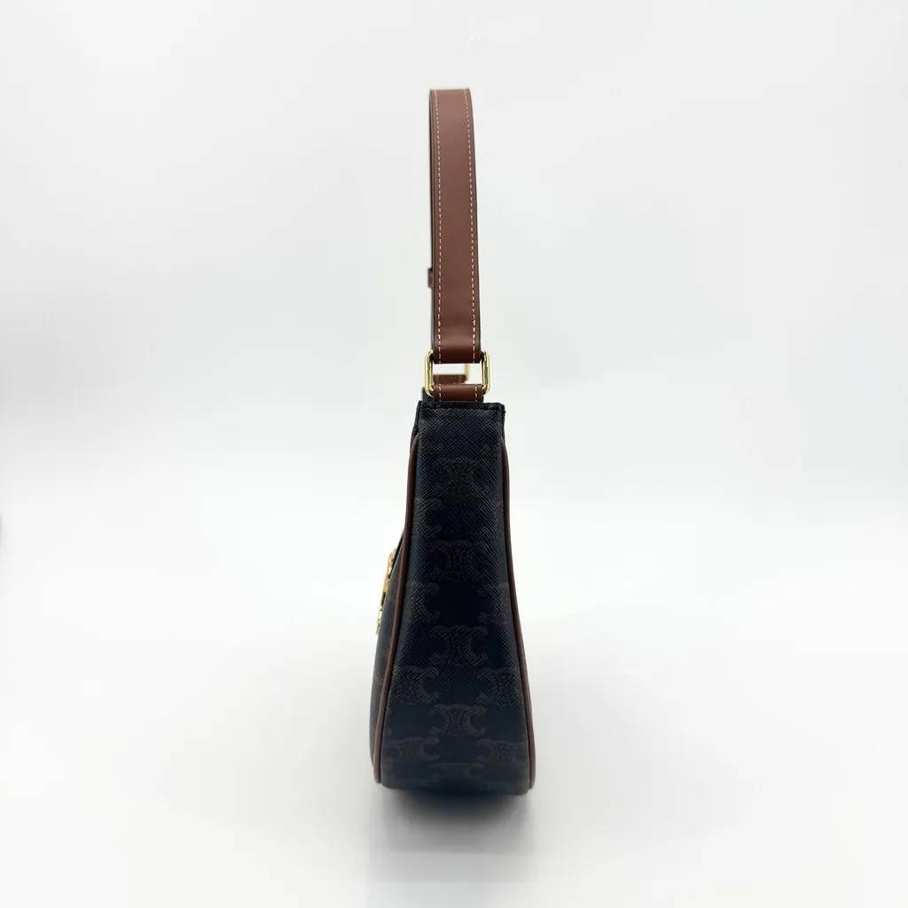Celine Ava Triomphe Bag in Triomphe Canvas and Calfskin Tan Black Canvas Good - Model View