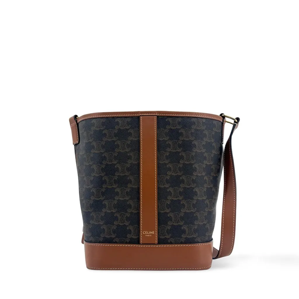 Celine Small Bucket in Triomphe Canvas and Calfskin Tan Black Canvas Good - Front View