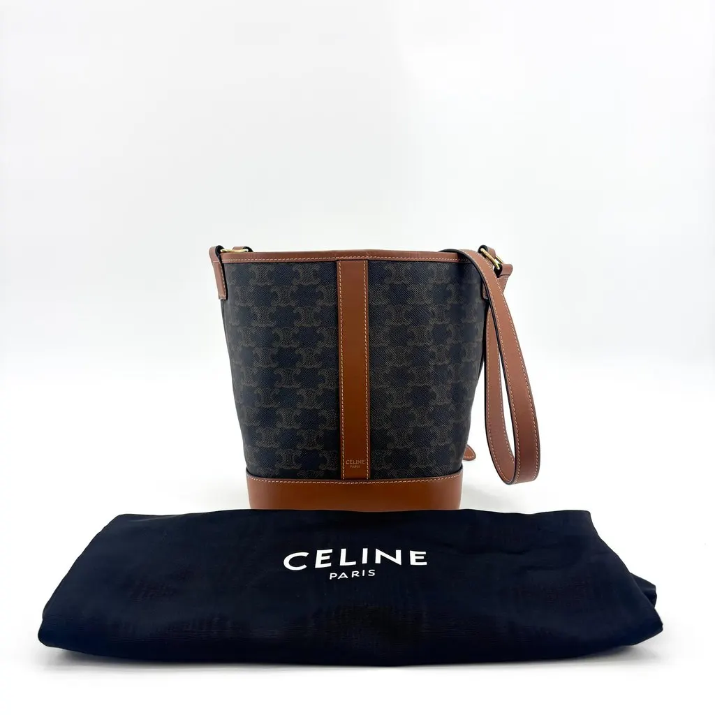 Celine Small Bucket in Triomphe Canvas and Calfskin Tan Black Canvas Good - Back View