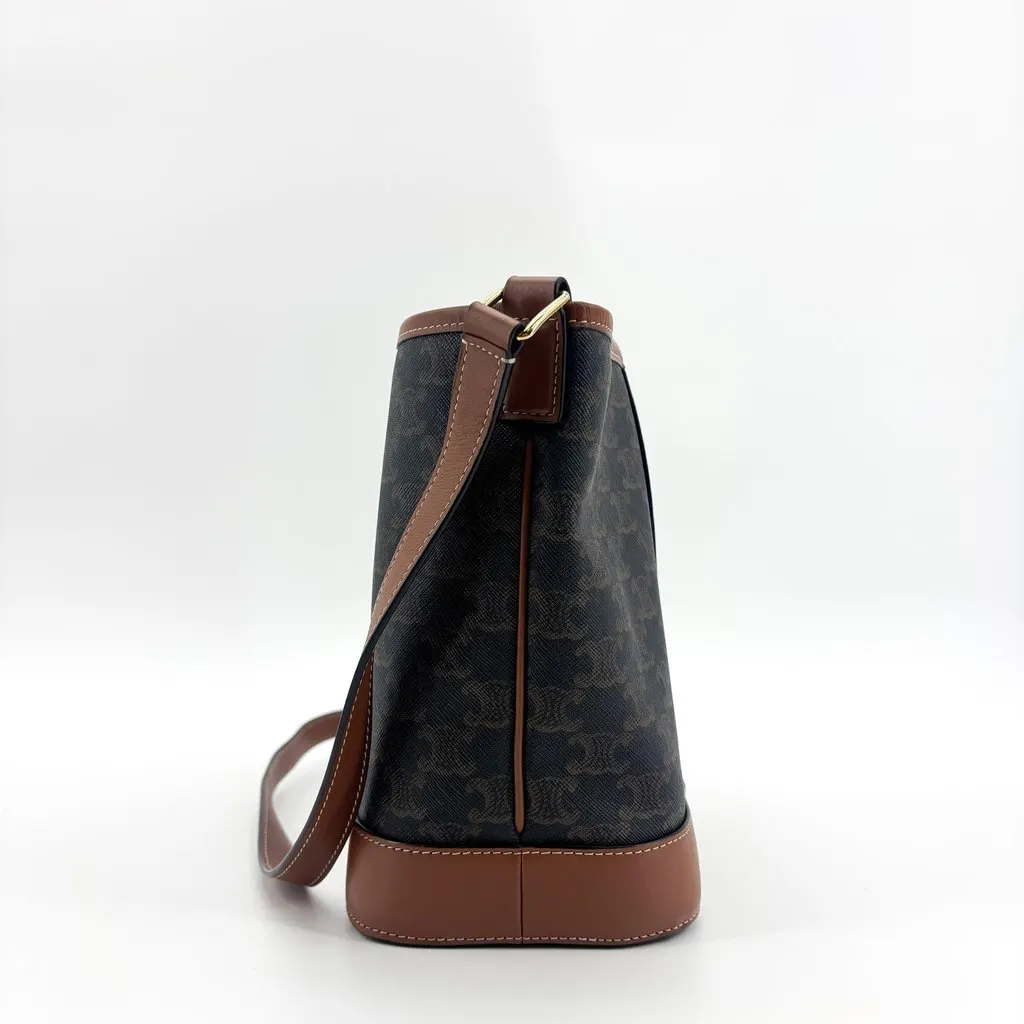 Celine Small Bucket in Triomphe Canvas and Calfskin Tan Black Canvas Good - Model View
