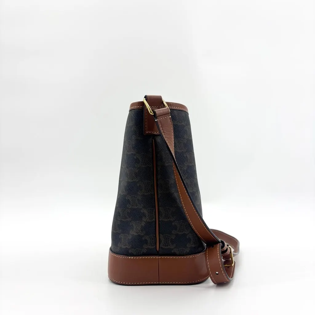 Celine Small Bucket in Triomphe Canvas and Calfskin Tan Black Canvas Good - Box View