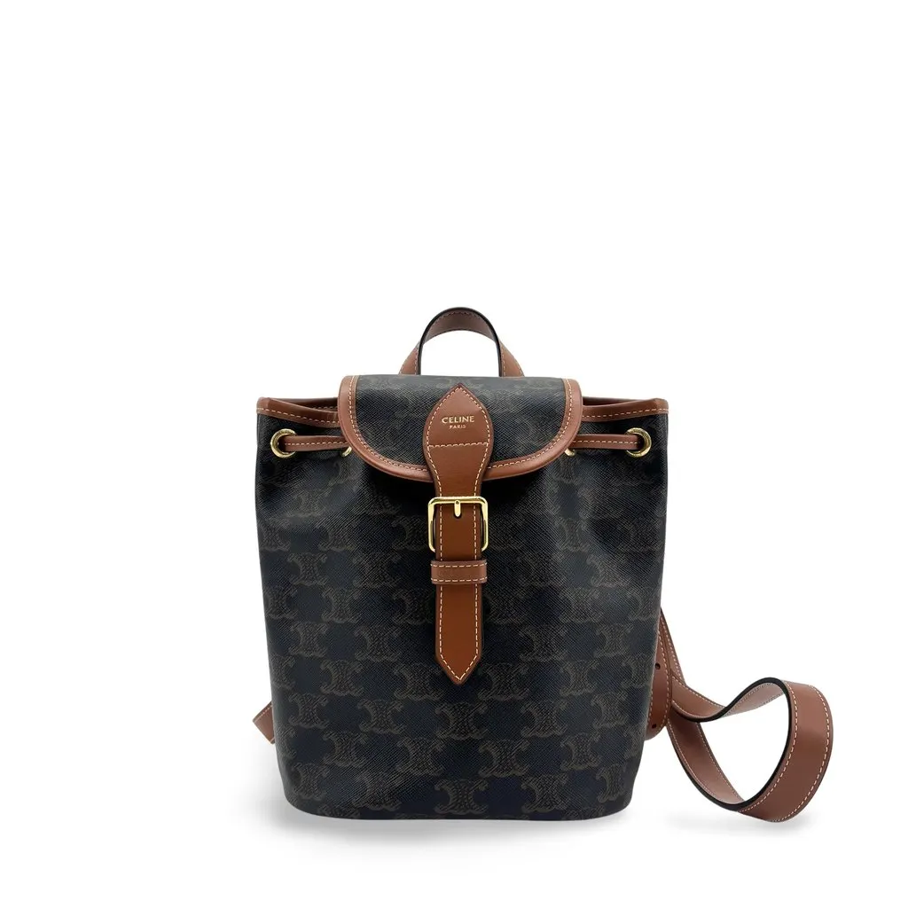 Celine Mini Backpack Folco in Triomphe Canvas and Calfskin Tan Black Canvas Good - Front View
