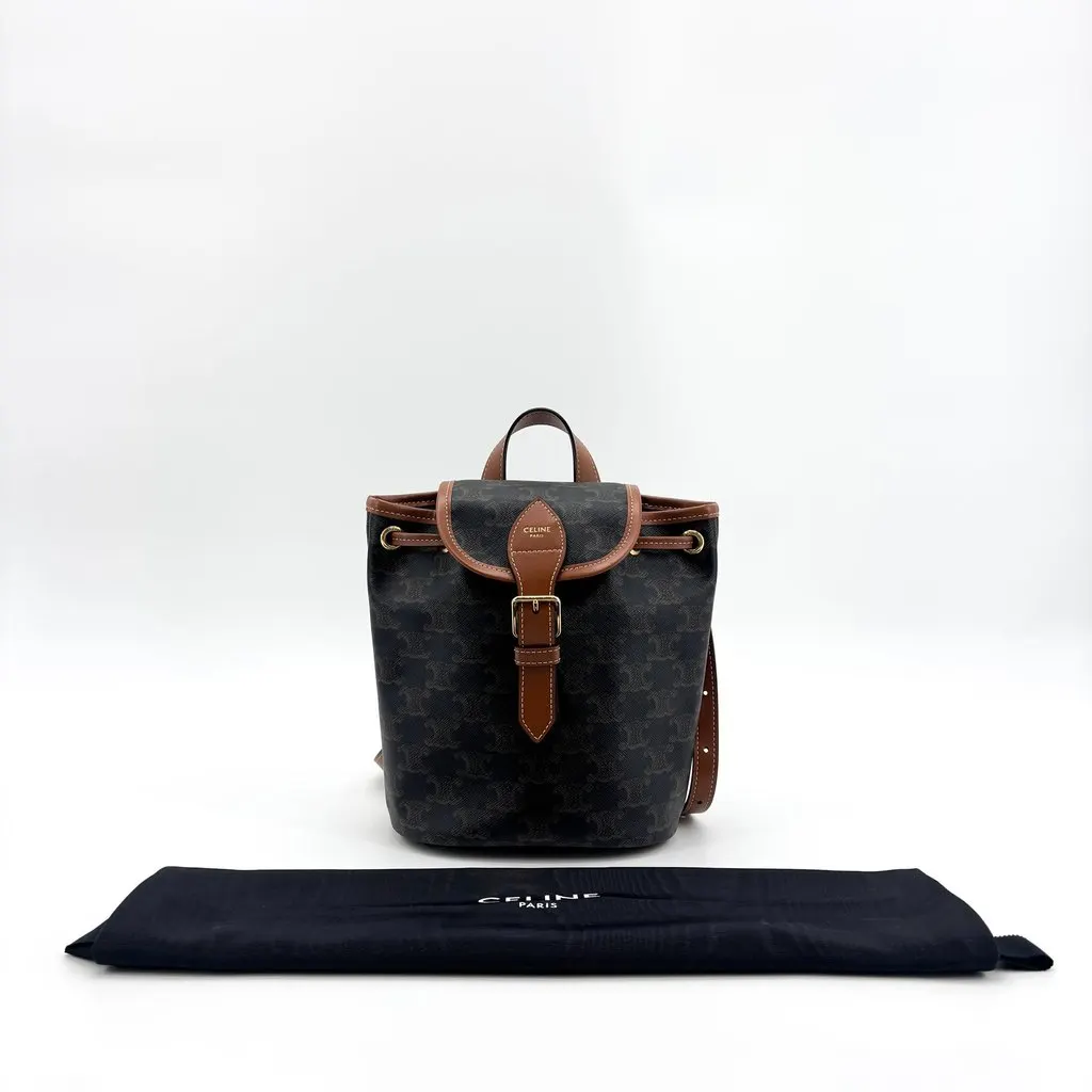 Celine Mini Backpack Folco in Triomphe Canvas and Calfskin Tan Black Canvas Good - Back View