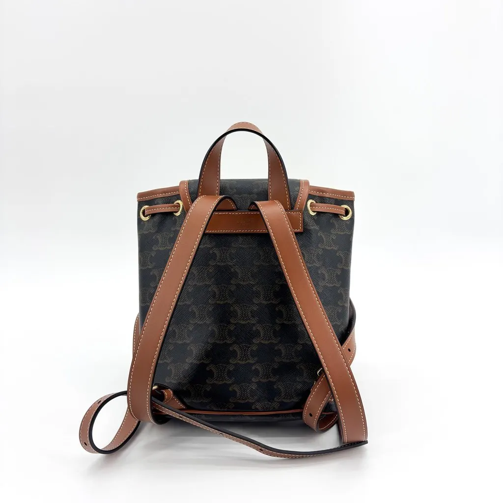 Celine Mini Backpack Folco in Triomphe Canvas and Calfskin Tan Black Canvas Good - Inside View