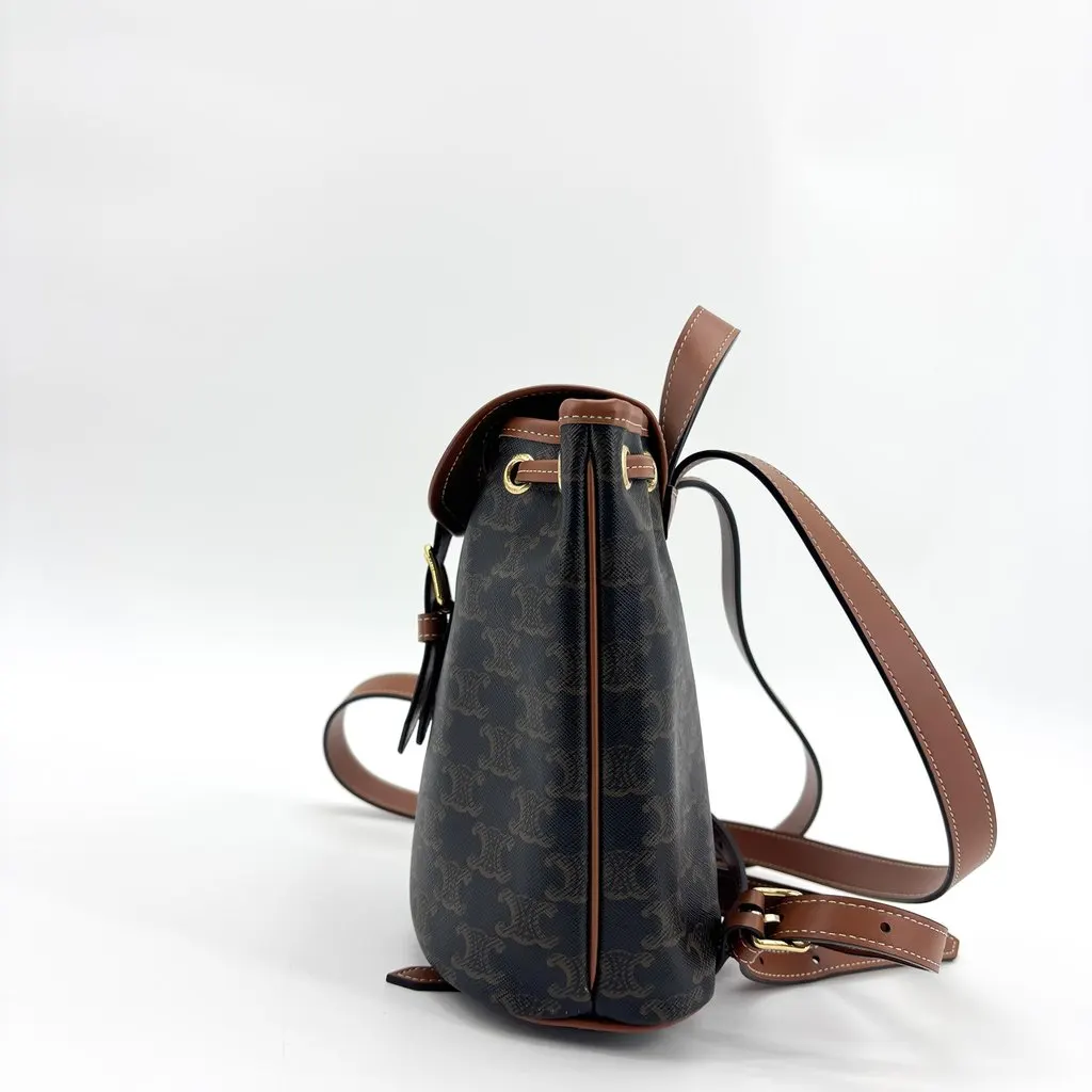 Celine Mini Backpack Folco in Triomphe Canvas and Calfskin Tan Black Canvas Good - Model View
