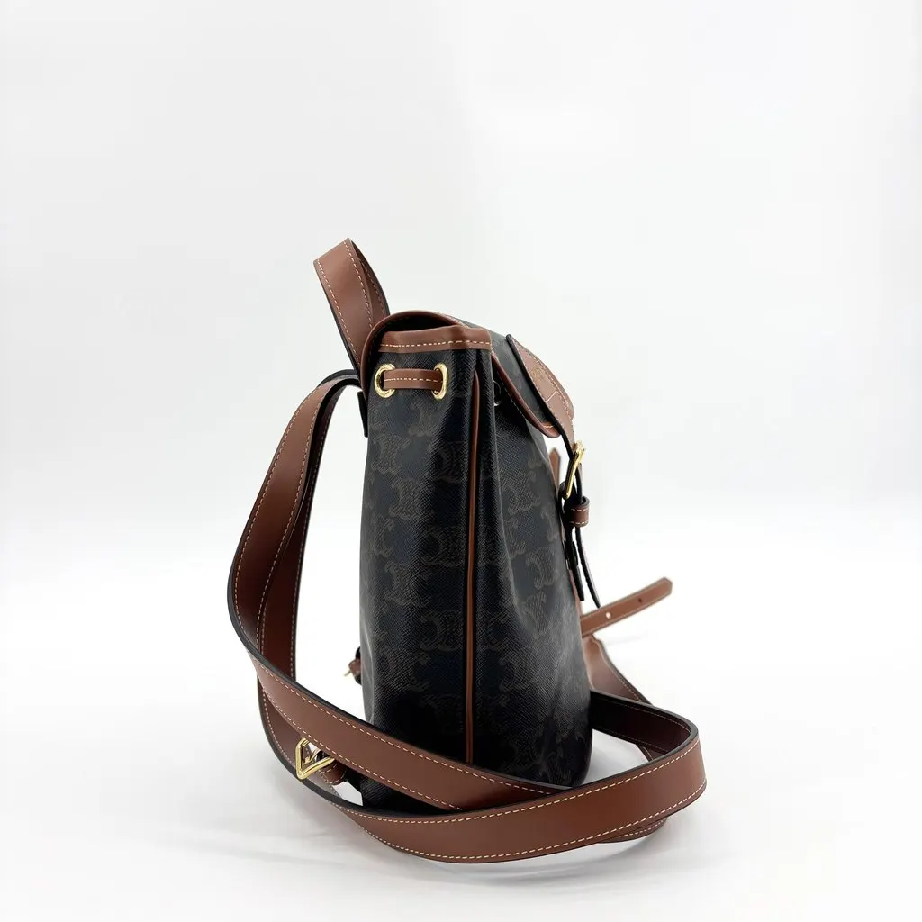 Celine Mini Backpack Folco in Triomphe Canvas and Calfskin Tan Black Canvas Good - Box View