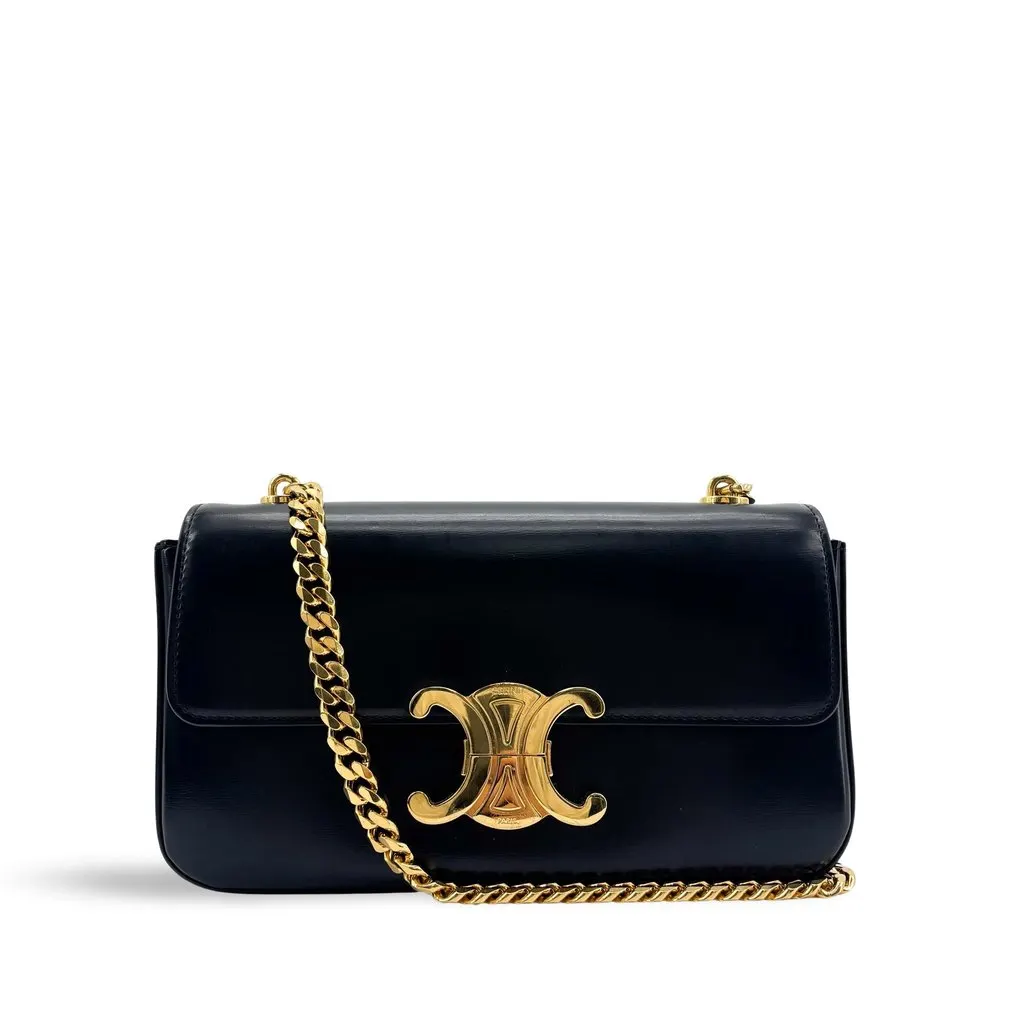 Celine Chain Triomphe Bag in Shiny Calfskin Black Black Leather Very good - Front View