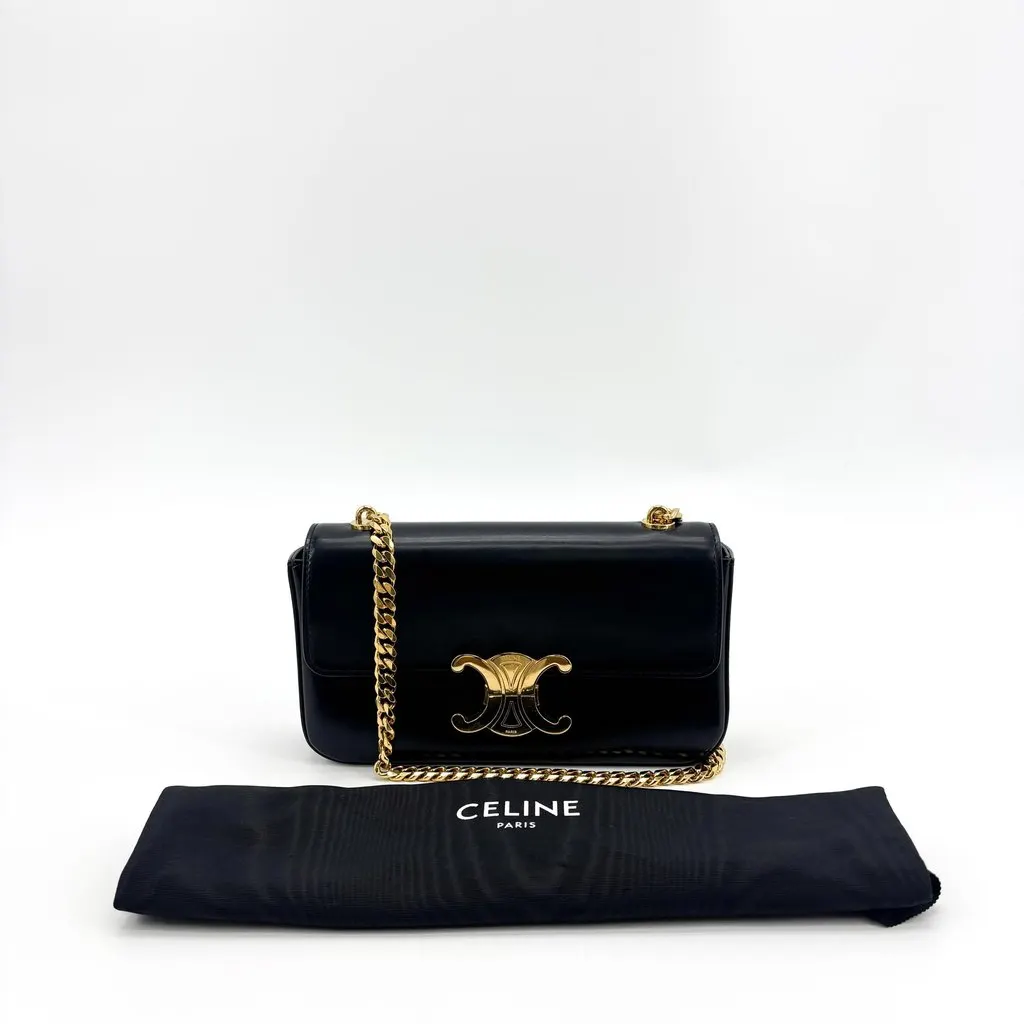 Celine Chain Triomphe Bag in Shiny Calfskin Black Black Leather Very good - Back View