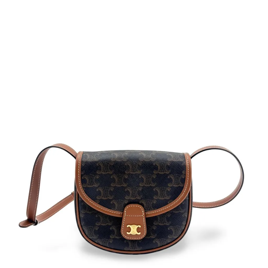 Celine Mini Besace in Triomphe Canvas and Calfskin Tan Black Canvas Very good - Front View