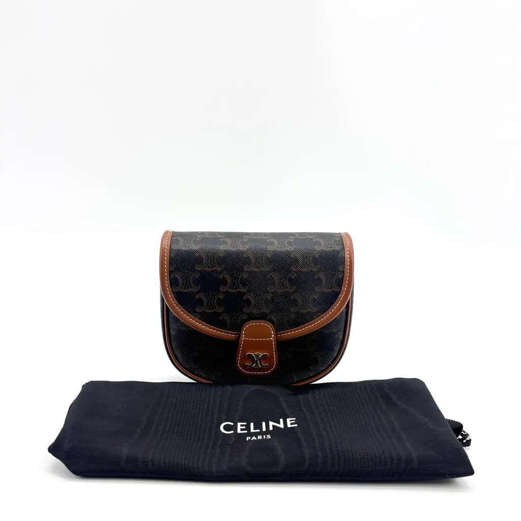 Celine Mini Besace in Triomphe Canvas and Calfskin Tan Black Canvas Very good - Back View