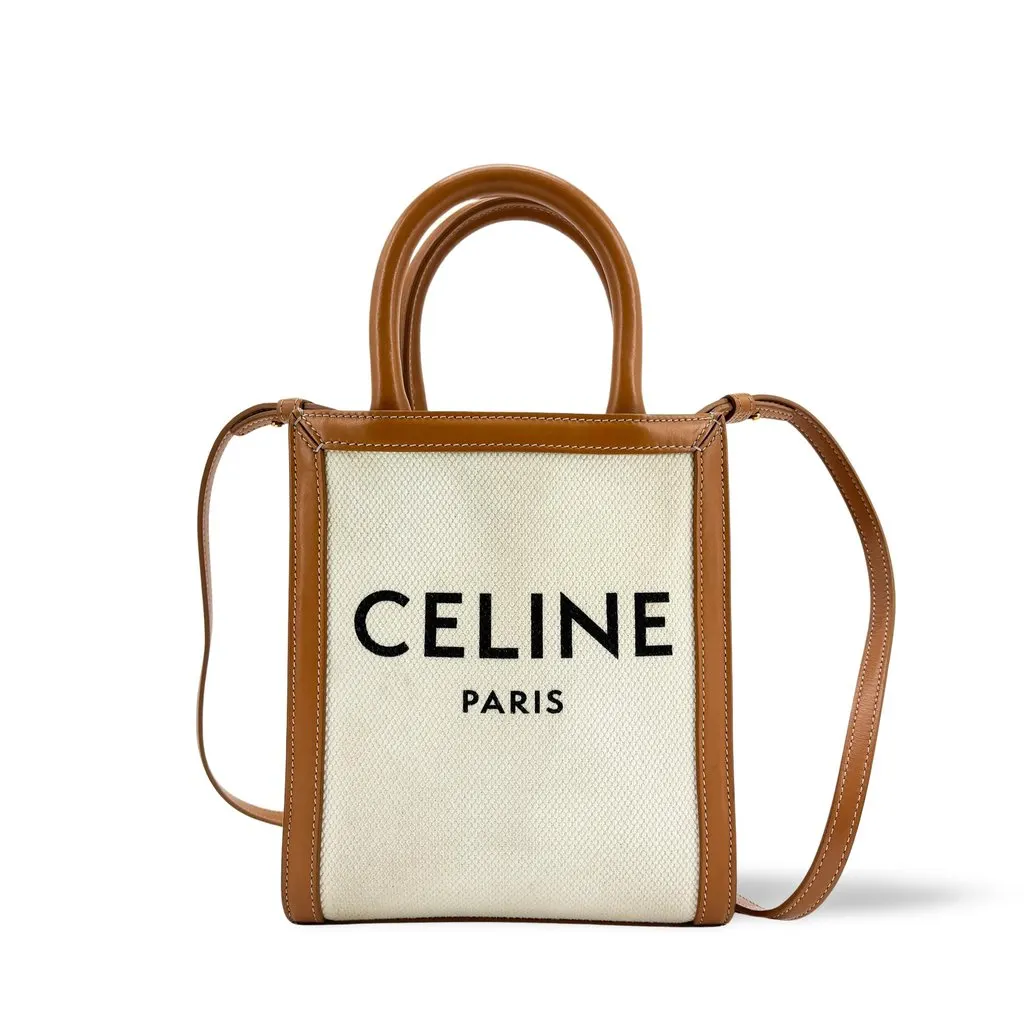 Celine Mini Vertical Cabas in Textile and Calfskin Tan Beige Leather Good - Front View