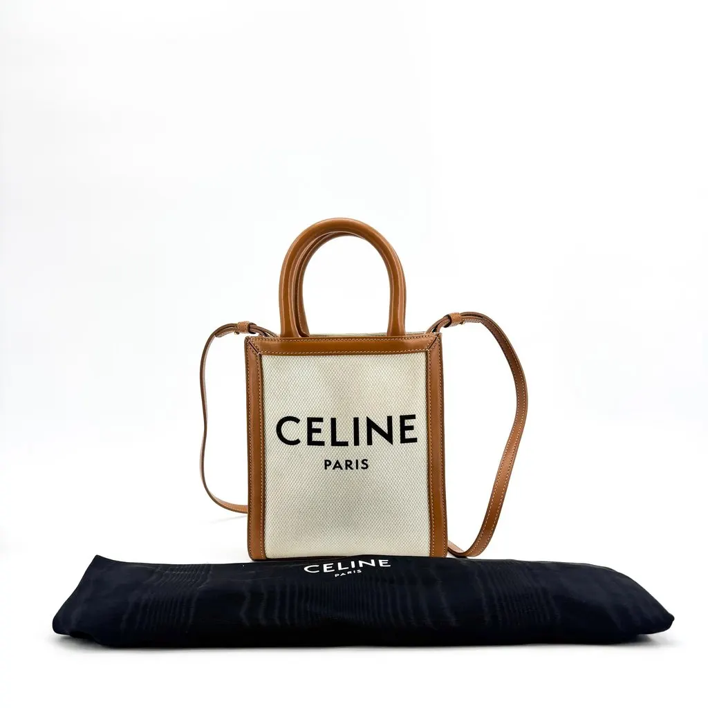 Celine Mini Vertical Cabas in Textile and Calfskin Tan Beige Leather Good - Back View