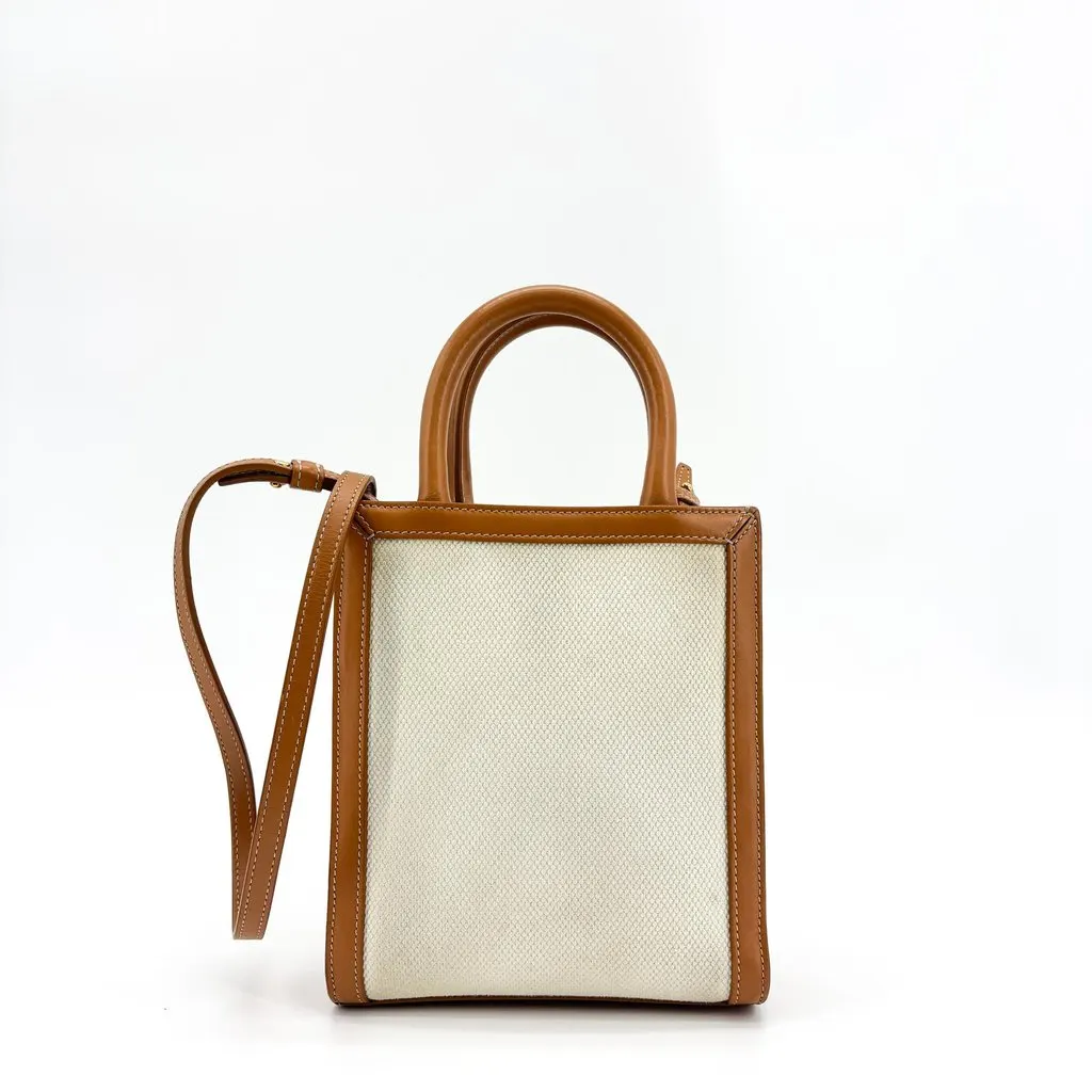 Celine Mini Vertical Cabas in Textile and Calfskin Tan Beige Leather Good - Inside View