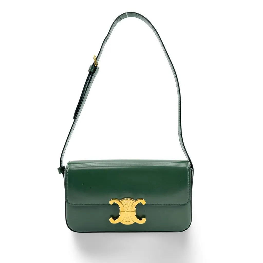 Celine Shoulder Bag Triomphe in Shiny Calfskin Green Gold Leather Very good - Front View