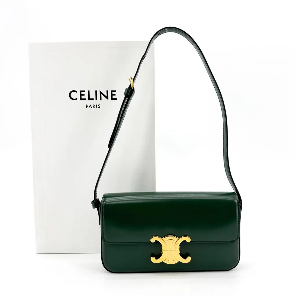 Celine Shoulder Bag Triomphe in Shiny Calfskin Green Gold Leather Very good - Back View