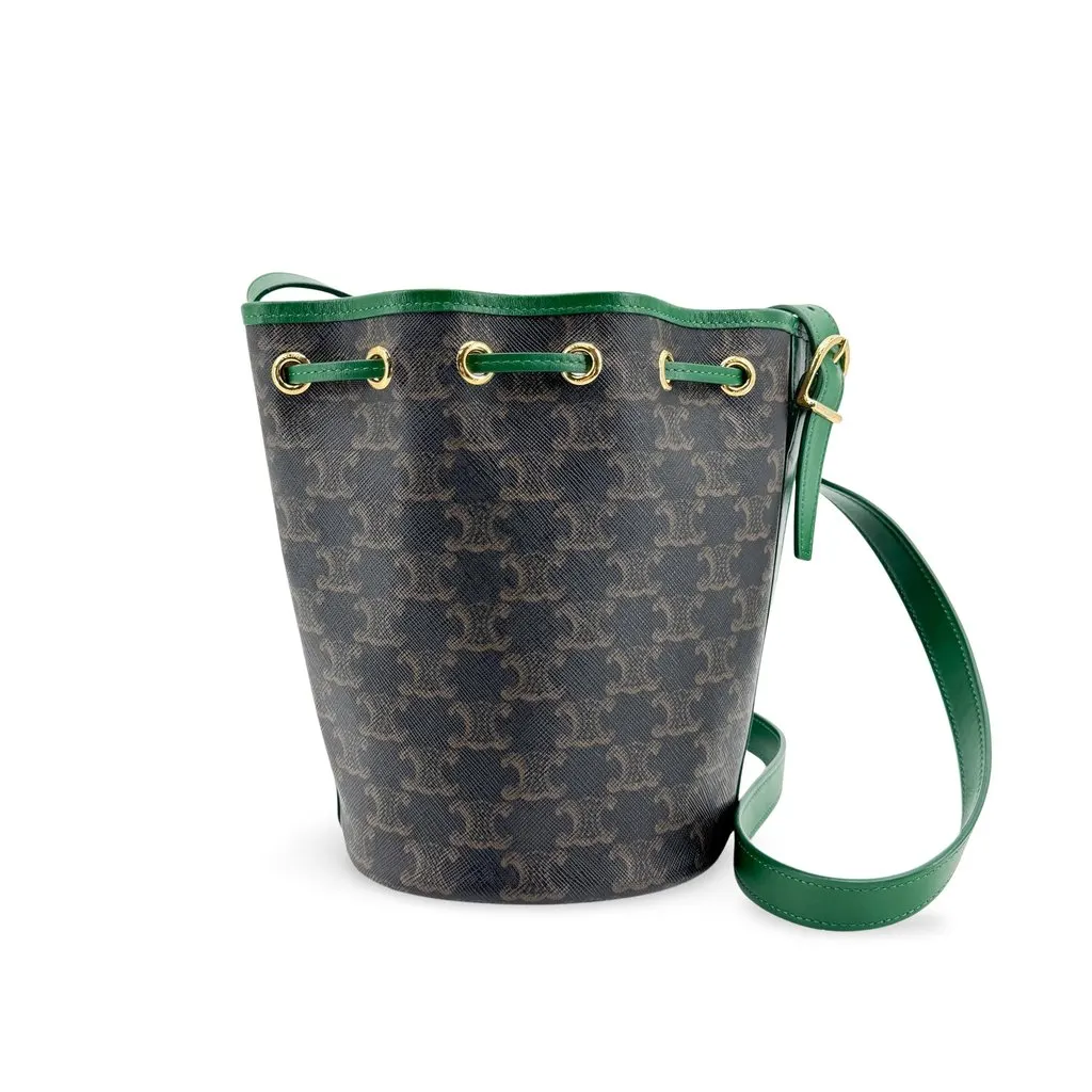 Celine Small Bucket Bag in Triomphe Canvas and Calfskin Green Brown Canvas Good - Front View
